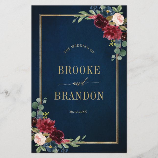 Navy Blue Burgundy Gold Geometric Wedding Program (Front)