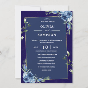 Navy Blue Burgundy Gold Pink Wedding Invitation
