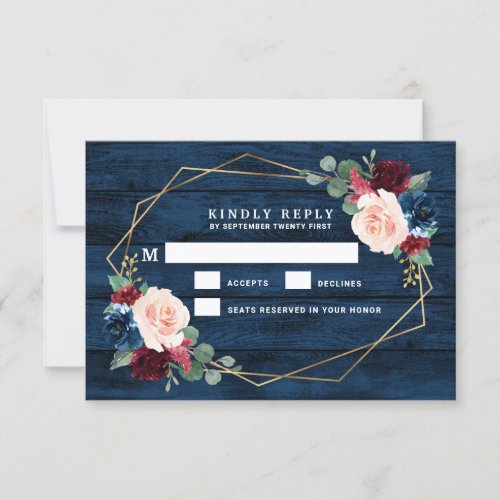 Navy Blue Burgundy Gold Pink Wedding RSVP Cards - Navy Blue Burgundy Gold Blush Pink Country Wedding RSVP Cards - feature a dark navy blue barn or wood grain background decorated with a printed gold geometric frame that's trimmed with floral and greenery elements in shades of navy, pink, burgundy and more. View the matching collection on this page to find coordinating items.