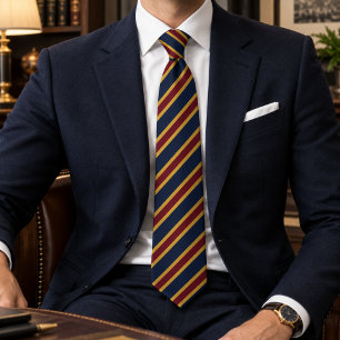 Navy Blue Burgundy Gold Preppy Stripe Neck Tie