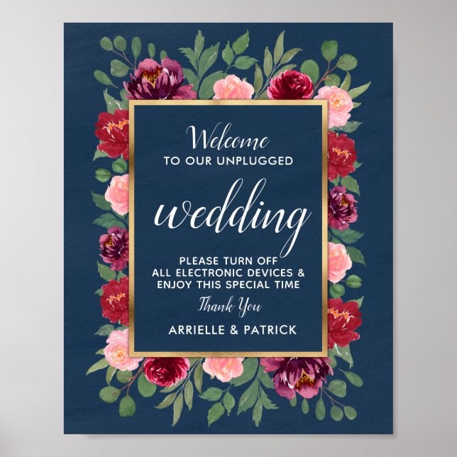 Navy Blue Burgundy Gold Unplugged Wedding Sign (Front)
