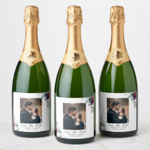 Navy Blue Burgundy Gothic Floral Photo Sparkling Wine Label