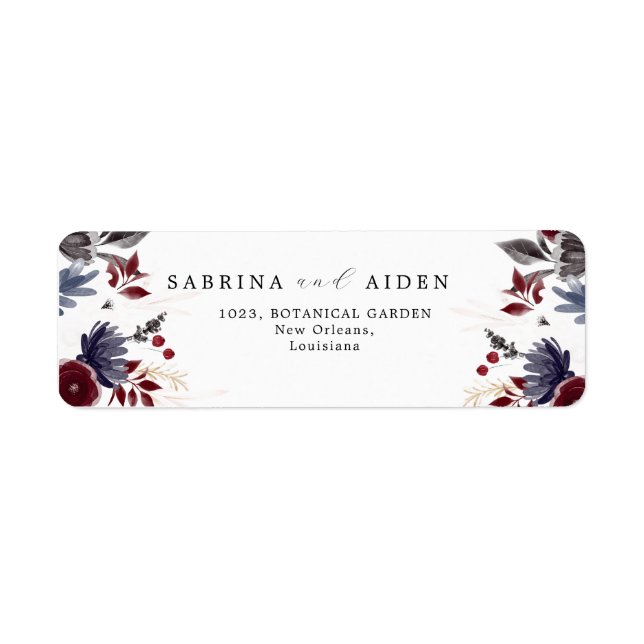 Navy Blue Burgundy Gothic Floral Wedding Address Label (Front)