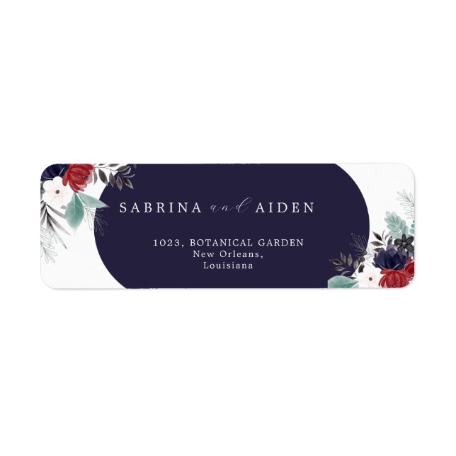Navy Blue Burgundy Gothic Floral Wedding Address Label (Front)