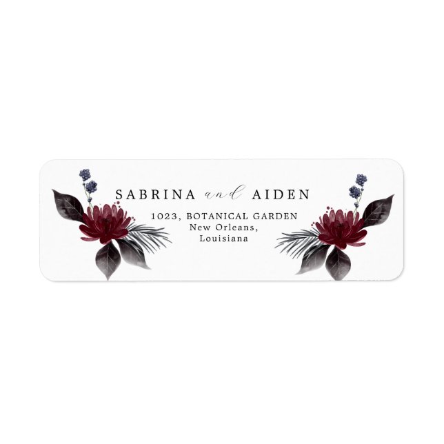 Navy Blue Burgundy Gothic Floral Wedding Address Label (Front)