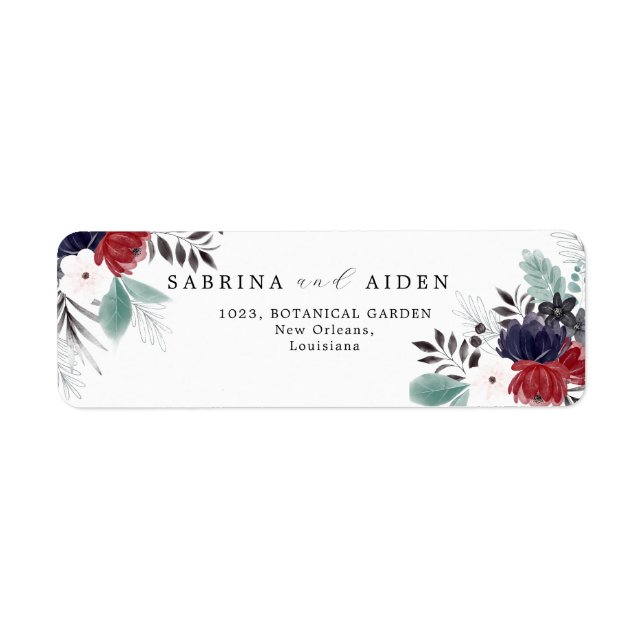Navy Blue Burgundy Gothic Floral Wedding Address Label (Front)