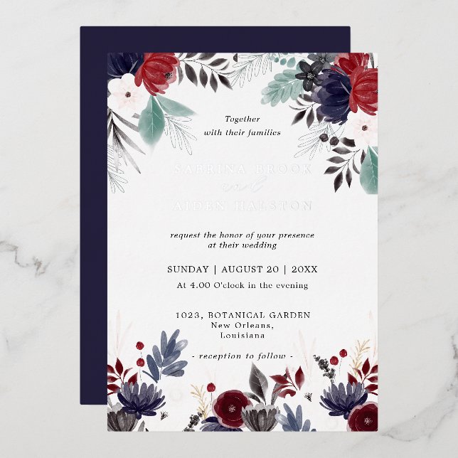 Navy Blue Burgundy Gothic Floral Wedding  Foil Invitation (Front/Back)