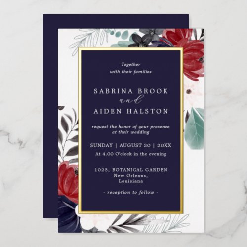 Navy Blue Burgundy Gothic Floral Wedding  Foil Invitation