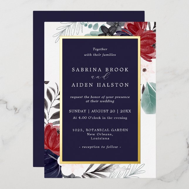 Navy Blue Burgundy Gothic Floral Wedding  Foil Invitation (Front/Back)