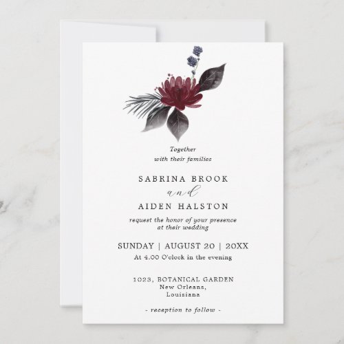 Navy Blue Burgundy Gothic Floral Wedding  Invitation