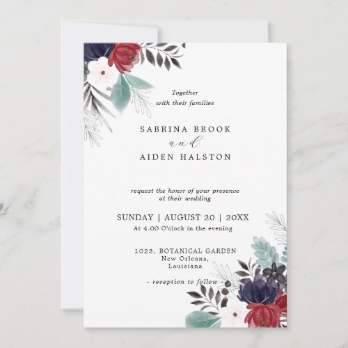 Navy Blue Burgundy Gothic Floral Wedding  Invitation