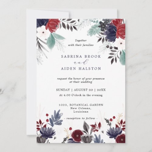 Navy Blue Burgundy Gothic Floral Wedding  Invitation