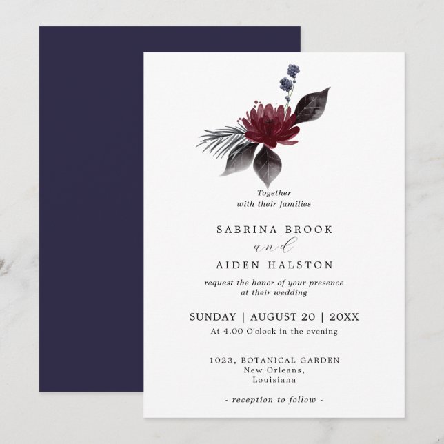 Navy Blue Burgundy Gothic Floral Wedding  Invitation (Front/Back)