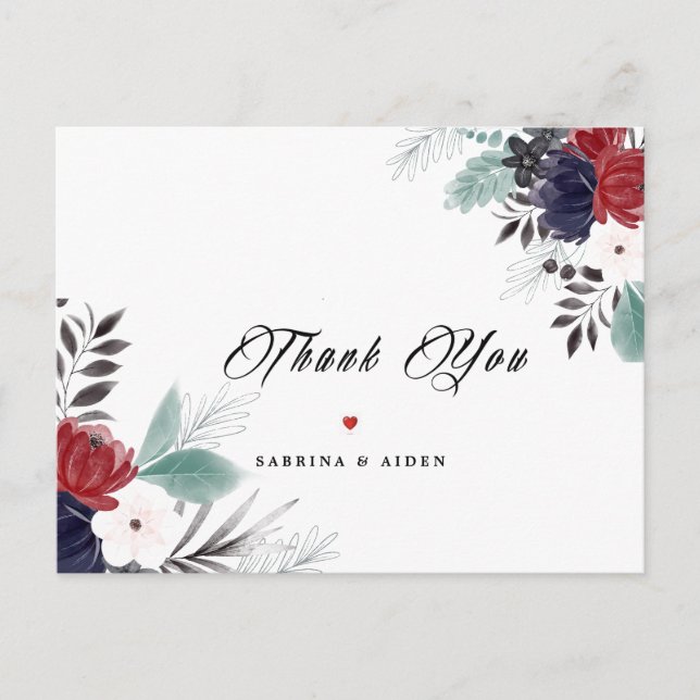 Navy Blue Burgundy Gothic Floral Wedding Thank You Postcard (Front)