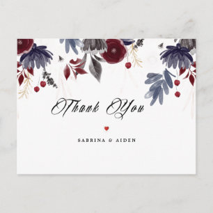 Navy Blue Burgundy Gothic Floral Wedding Thank You Postcard