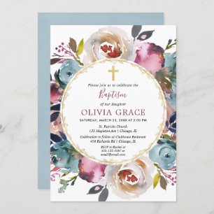 Navy blue burgundy merlot Baptism floral Invitation