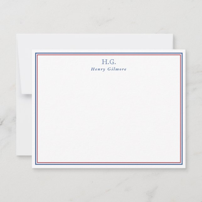 Navy Blue Burgundy Monogrammed Note Card (Front)