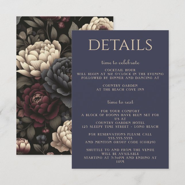 Navy Blue & Burgundy Moody Floral Enclosure Card (Front/Back)