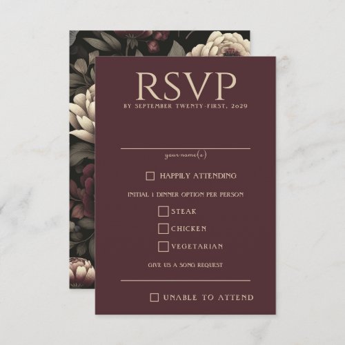 Navy Blue  Burgundy Moody Floral Food Choices RSVP Card