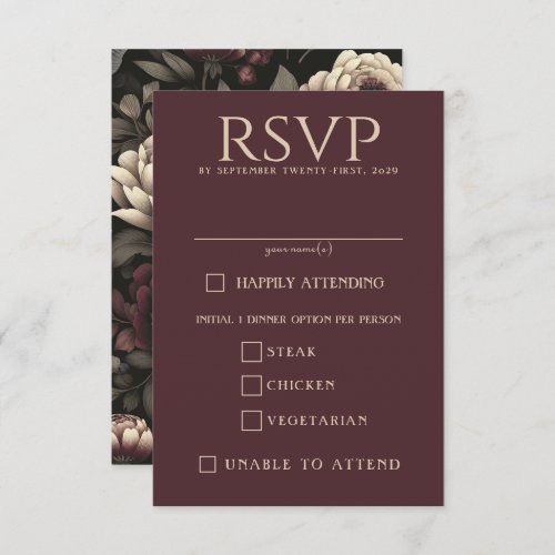 Navy Blue  Burgundy Moody Floral Food Choices RSVP Card