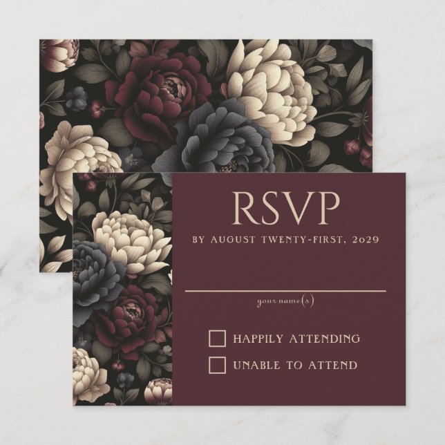 Navy Blue & Burgundy Moody Floral RSVP Card (Front/Back)