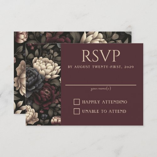 Navy Blue  Burgundy Moody Floral RSVP Card