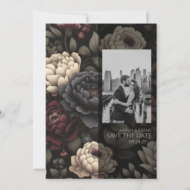 Navy Blue & Burgundy Moody Floral Save The Date (Front)