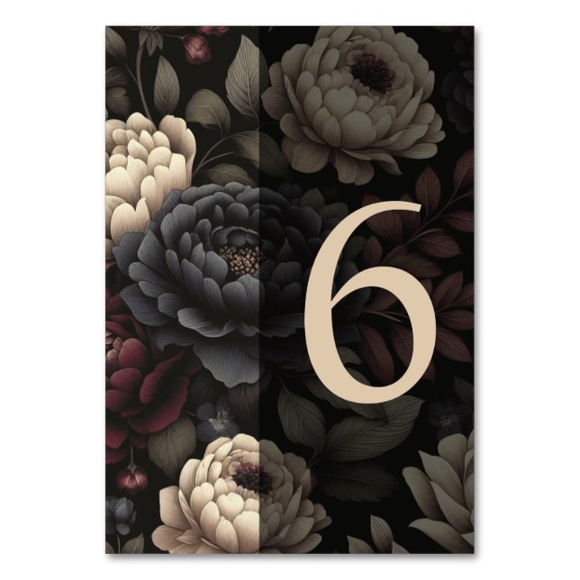 Navy Blue & Burgundy Moody Floral Table 6 Number (Front)