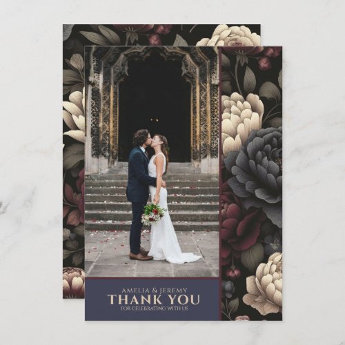 Navy Blue  Burgundy Moody Floral Thank You Card