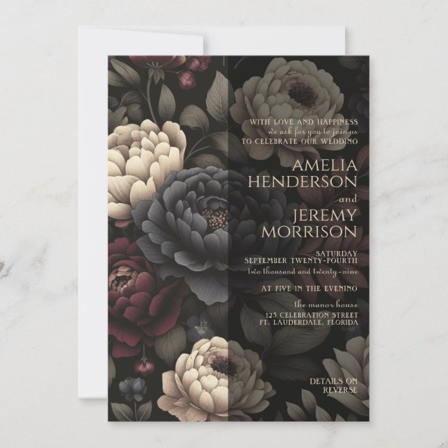 Navy Blue & Burgundy Moody Floral with Details Invitation (Front)
