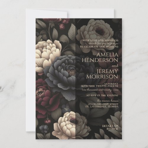 Navy Blue  Burgundy Moody Floral with Details Invitation