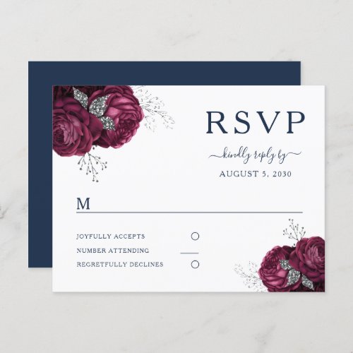 Navy Blue Burgundy Peonies Floral Wedding RSVP Postcard