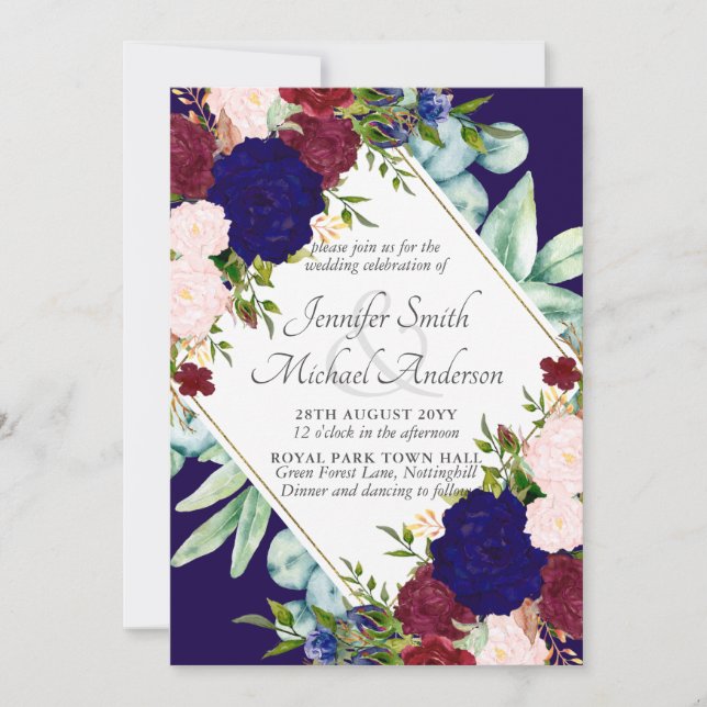 Navy Blue Burgundy Pink Floral Wedding Invitation (Front)