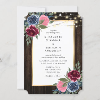 Navy Blue Burgundy Pink Gold Rustic Wood Floral Invitation
