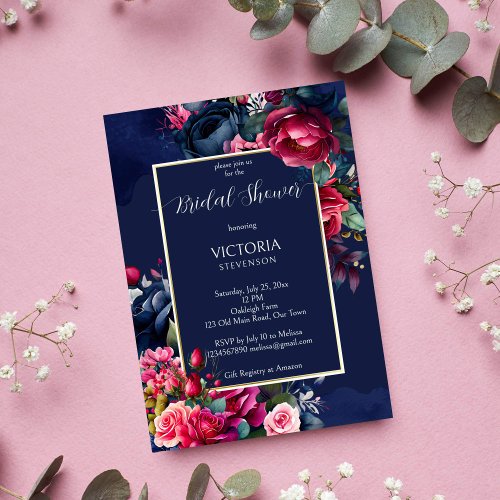 Navy blue burgundy pink roses bridal shower invitation