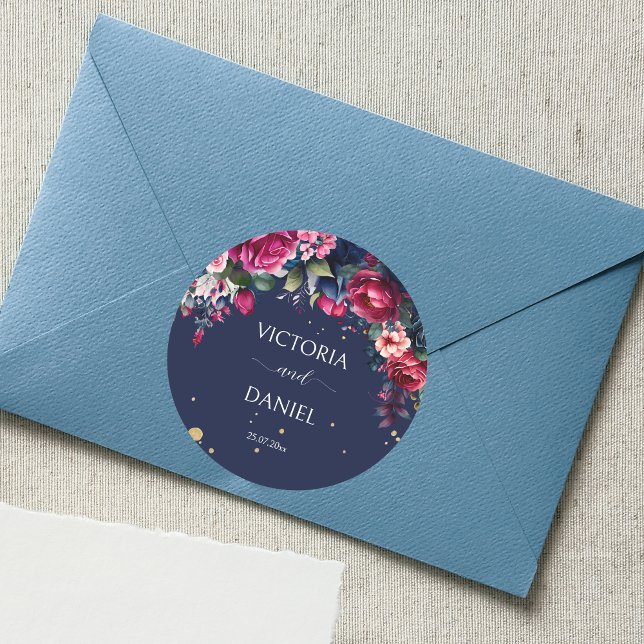 Navy blue burgundy pink roses wedding classic round sticker (Creator Uploaded)