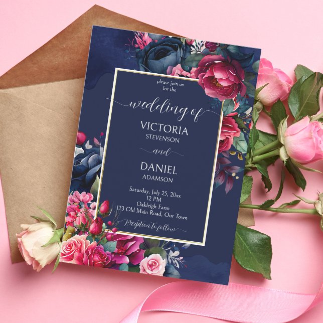 Navy blue burgundy pink roses wedding template (Creator Uploaded)