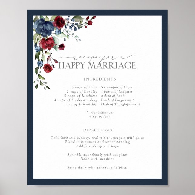 Navy Blue Burgundy Recipe for a Happy Marriage Poster (Front)