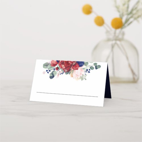 Navy Blue Burgundy Red and Blush Floral Elegant Place Card