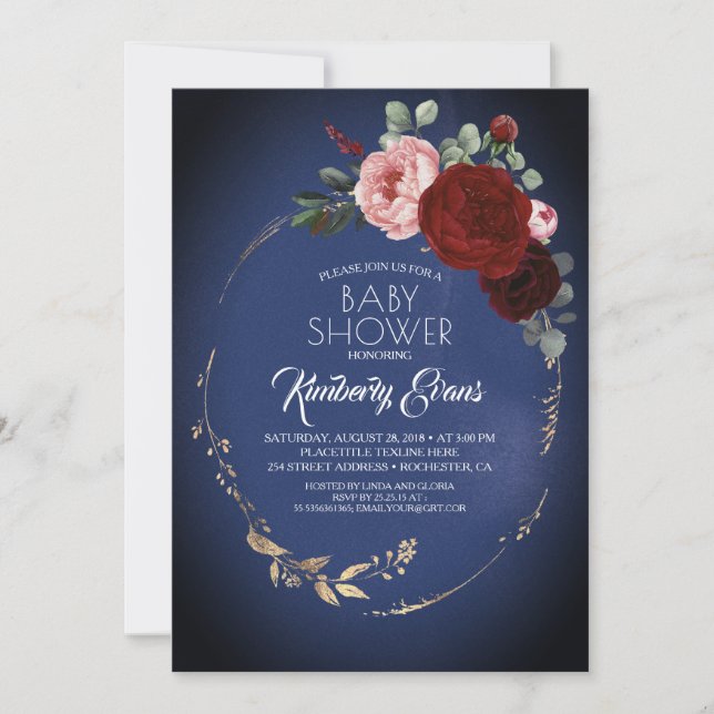 Navy Blue Burgundy Red and Gold Floral Baby Shower Invitation (Front)