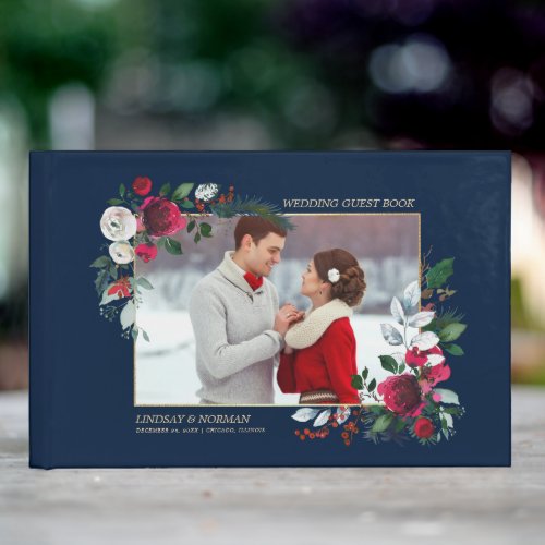 Navy Blue  Burgundy Red Bloom  Photo Wedding Guest Book