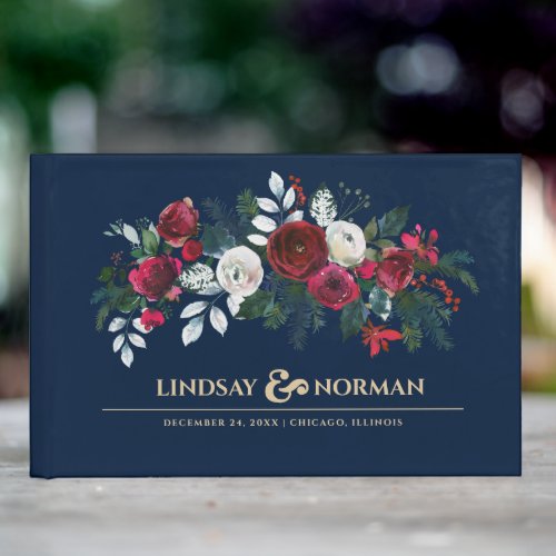 Navy Blue  Burgundy Red Bloom Wedding Guest Book