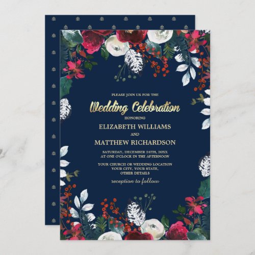 Navy Blue  Burgundy Red Bloom Wedding Invitation