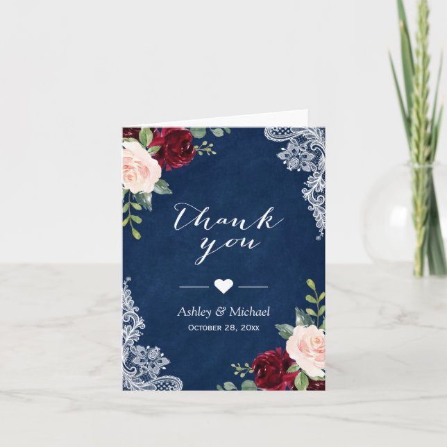 Navy Blue Burgundy Red Blush Floral Lace Thank You (Front)