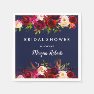 Navy Blue Burgundy Red Boho Floral Bridal Shower Paper Napkins