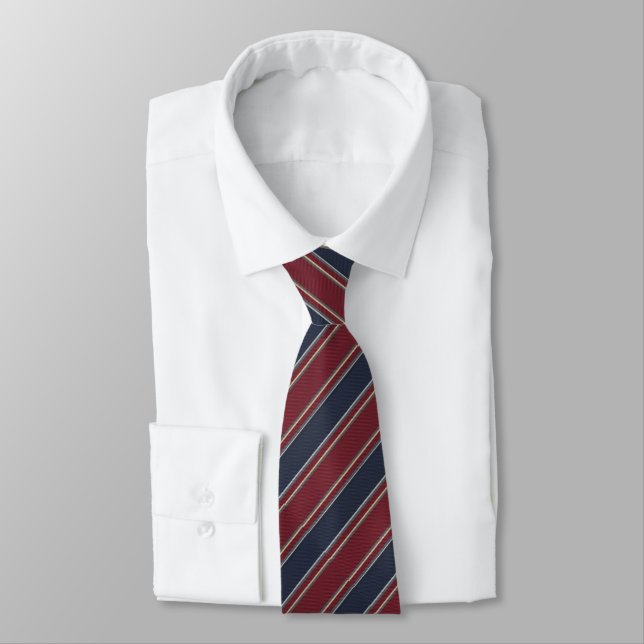 Navy Blue Burgundy Red Classic Regimental Stripe Neck Tie (Tied)