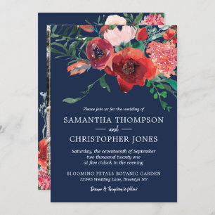 Navy Blue Burgundy Red Coral Floral Photo Wedding Invitation