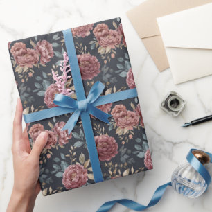 Navy Blue Burgundy Red Floral Birthday Wrapping Paper