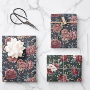 Navy Blue Burgundy Red Floral Birthday Wrapping Paper Sheets