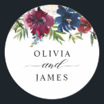 Navy Blue Burgundy Red Floral Chic Script Wedding Classic Round Sticker<br><div class="desc">Modern Elegant Navy Blue Burgundy Red Floral Botanical Foliage Greenery Stylish Script Calligraphy Wedding Classic Round Sticker</div>